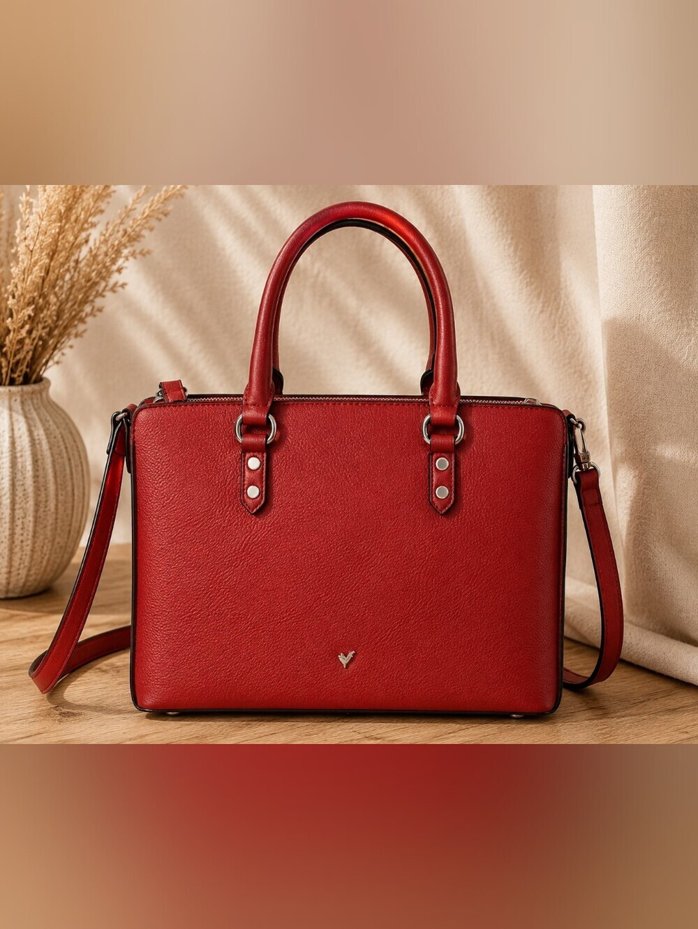 Lily & Ivy | Faux Leather Red Structured Satchel Handbag, 12 1/2" x 10"